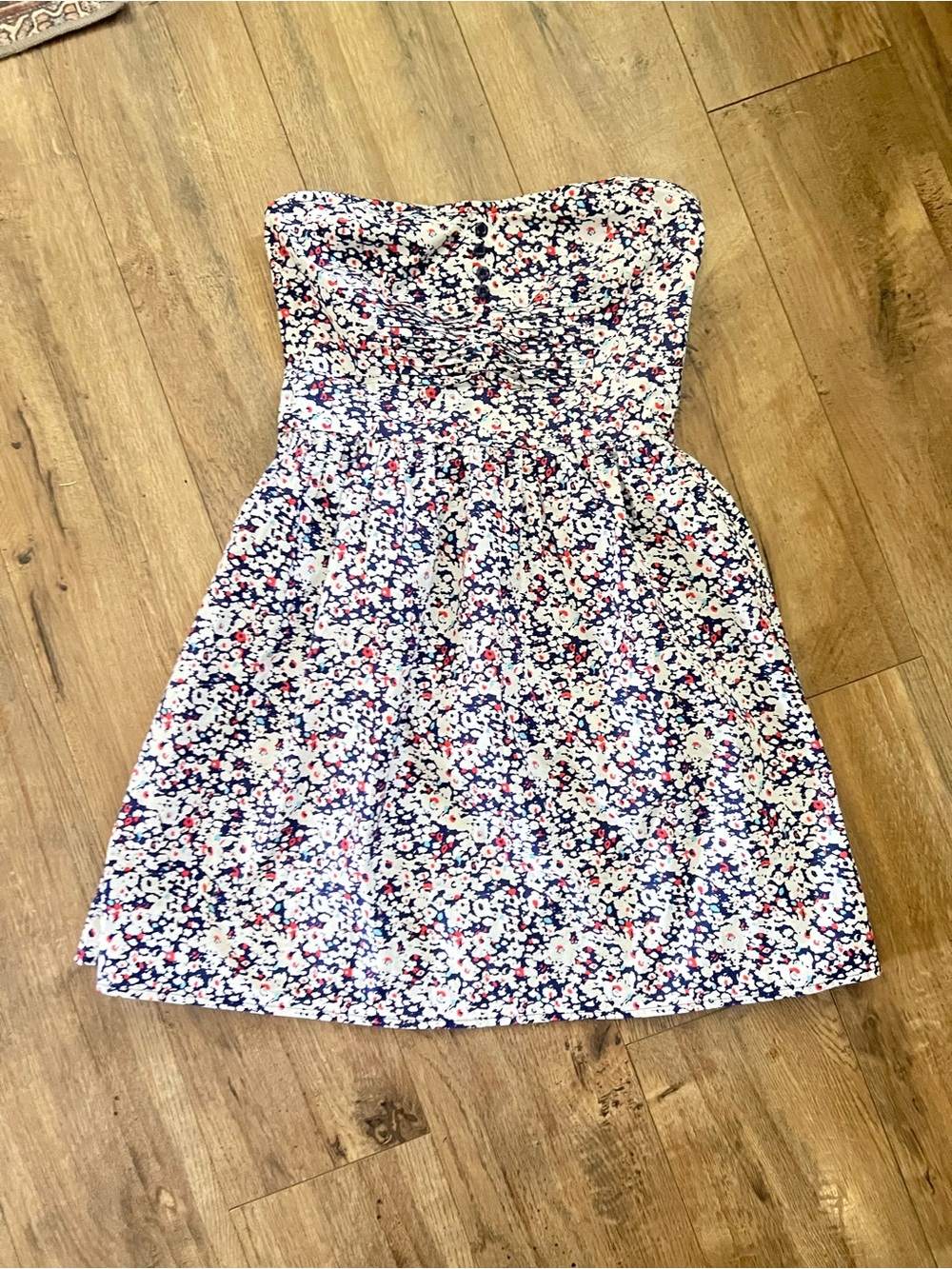 Juniors Floral Strapless Dress - Navy & White with Pink Accents